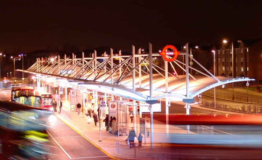 Tensile fabric canopy over bus station