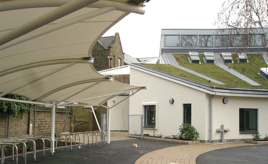 Fabric canopy covering bike sheds