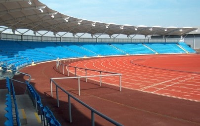 Fabric canopies covering stadium seating