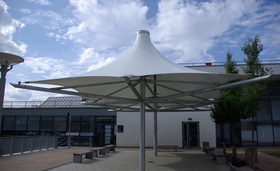 Canopies covering outdoor classroom space