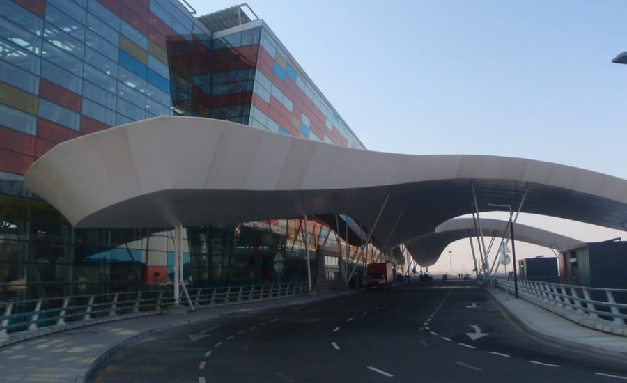 Tensile fabric entrance canopy at airport 